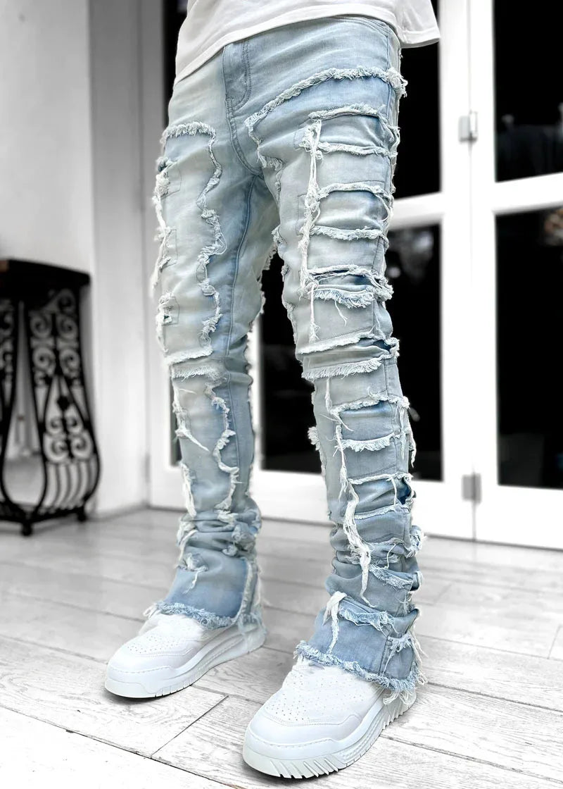 Printing Stretched Men's Stacked Jeans Patchwork Tassel Damaged Trousers For Male High Street Hip-pop Full Length Denim Pants