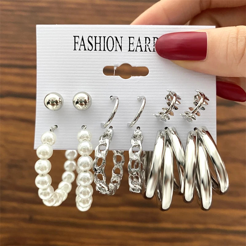 Geometry Pearl Earring Set Heart Leopard For Women Girls Circle Dangle Drop Earring Set Acrylic Metal Square Round Party Jewelry