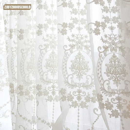 High-grade White Embroidery Flower Screens European Style Voile Tulle Sheer for Bedroom Living Room Windows Curtain Curtains