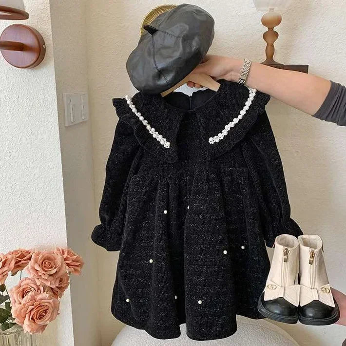 Autumn and Winter Thickening Flip Collar Dress 3-8 Year Old Girl Velvet Pearl Dress New Fashionable Red New Year Clothing