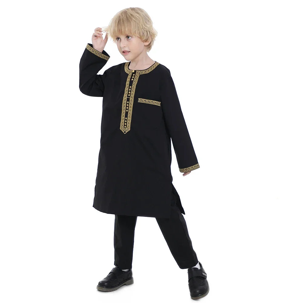 Muslim Children Robe 2 Piece Set Kids Boy Round Neck Long Sleeve Printed Dress Shirt Abaya Kaftan Jubba Thobe Islamic Clothing