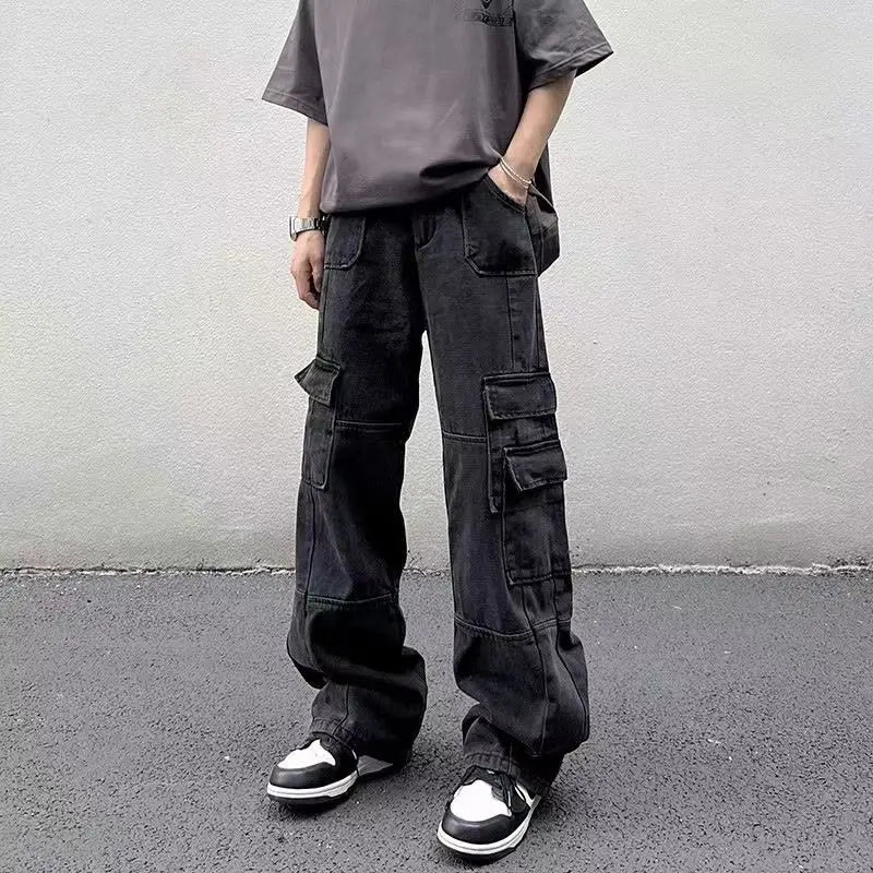 Men's Cargo Pants High Street Multi-pocket Black Gray Work Pants for Men Loose Trousers High Waist Vintage Straight-leg Jeans