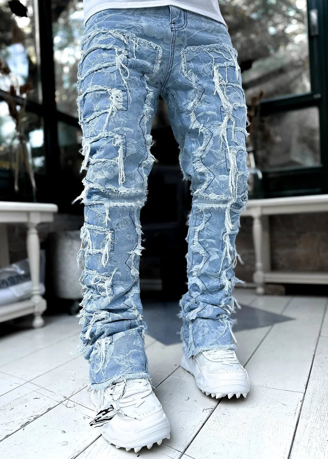 Printing Stretched Men's Stacked Jeans Patchwork Tassel Damaged Trousers For Male High Street Hip-pop Full Length Denim Pants