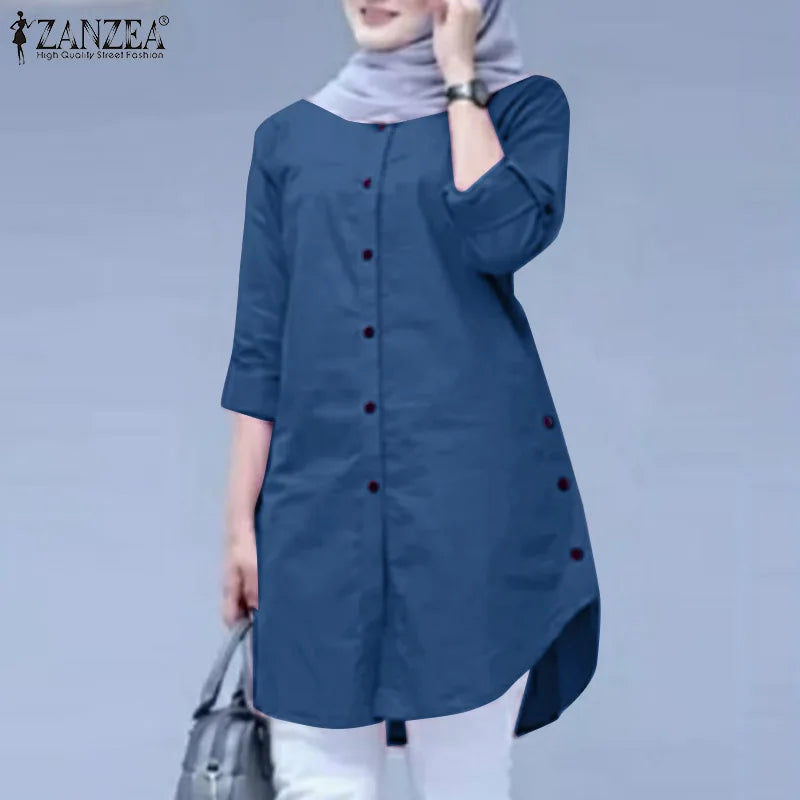 ZANZEA Elegant Abaya Muslim Blouse Woman Long Sleeve O-Neck Tops Casual Holiday Baggy Shirt Fashion Solid Islamic Clothing 2024