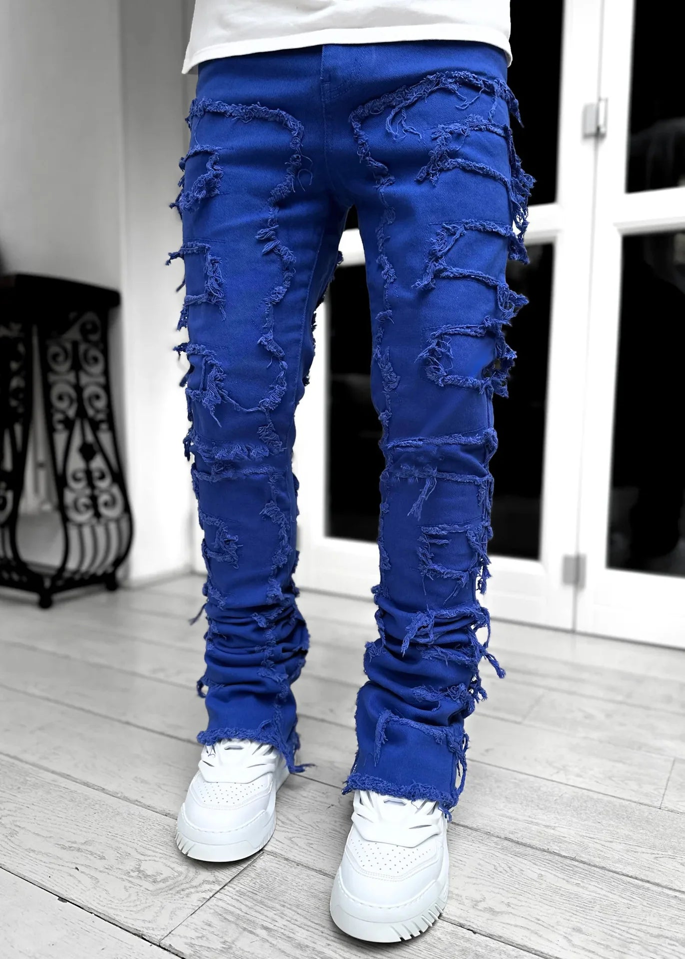 Printing Stretched Men's Stacked Jeans Patchwork Tassel Damaged Trousers For Male High Street Hip-pop Full Length Denim Pants