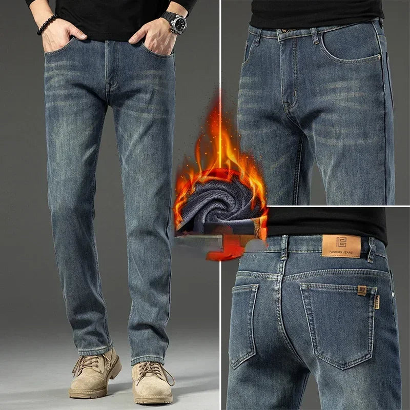 2025 New In Winter Fleece  Warm Jeans Thick Straight  Slim Fit Stretch Fashion Brand Casual Jean Baggy Vintage