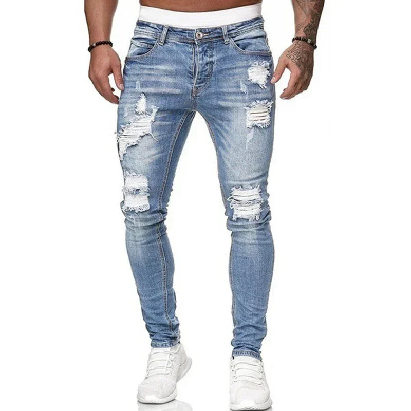 Mens Casual Slim Pencil Denim Pants Europe and America Breaking Holes Grinding White Jeans Men Vintage Wash Solid Denim Trouser