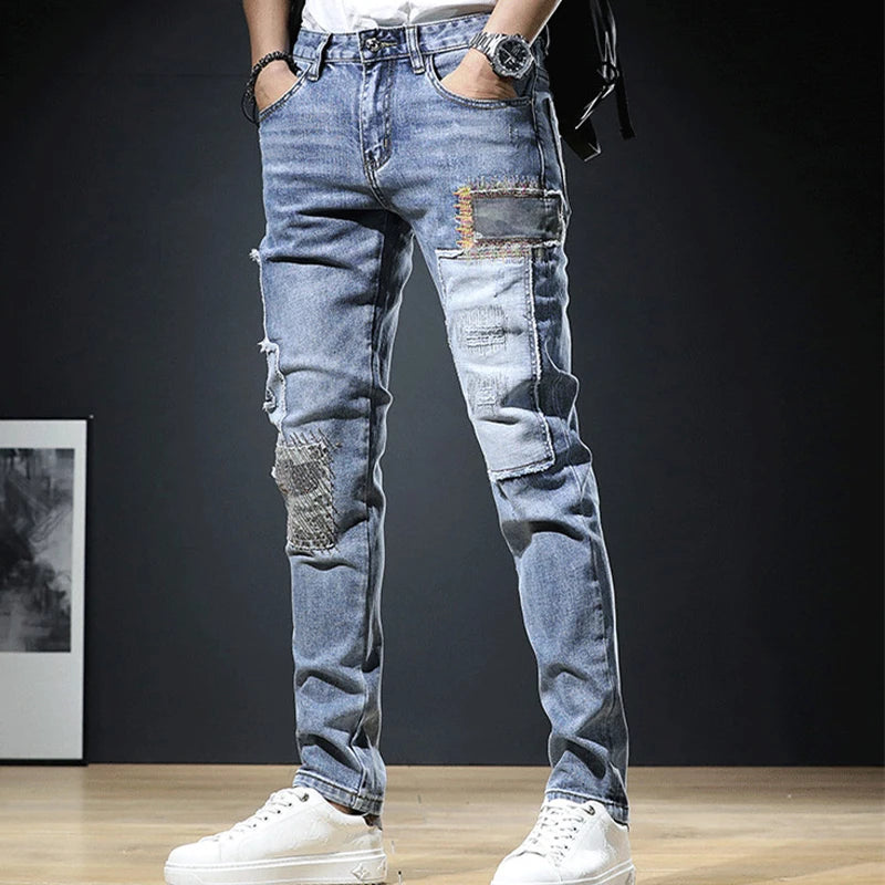 2023 Fashion Mens Jeans Autumn Patch Light Blue Trend Loose Pants Elastic Streetwear Boyfriend Biker Man Straight Denim Trousers