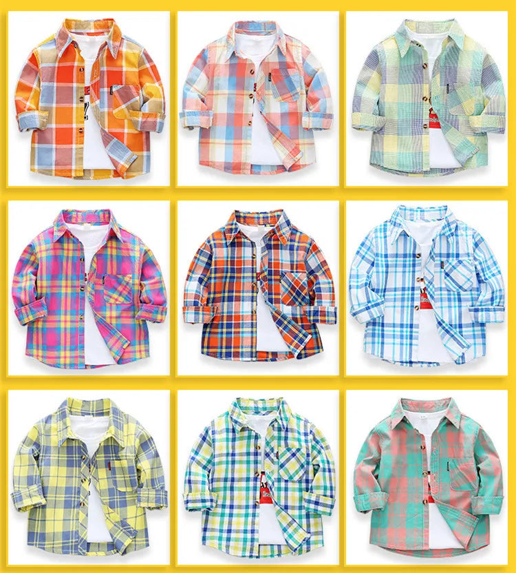 Spring Autumn New Long Sleeve Boys Shirt Classic Plaid Lapel Kids Shirts Top With Pocket Baby Boy Casual Shirt Children Clothing