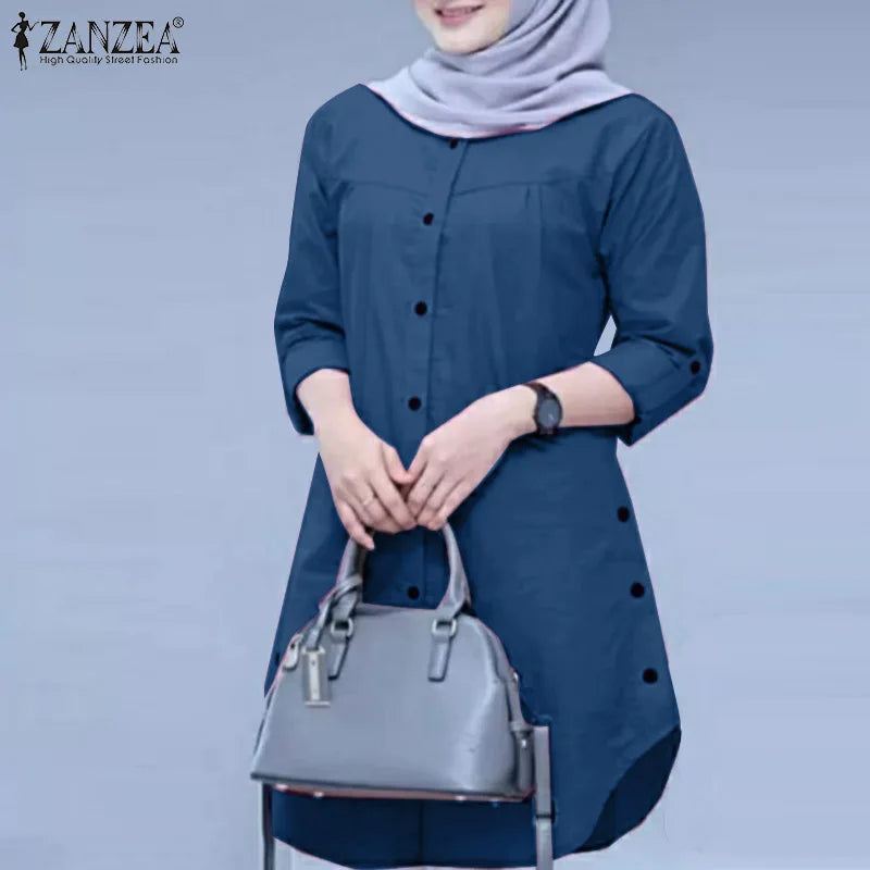 ZANZEA Elegant Abaya Muslim Blouse Woman Long Sleeve O-Neck Tops Casual Holiday Baggy Shirt Fashion Solid Islamic Clothing 2024