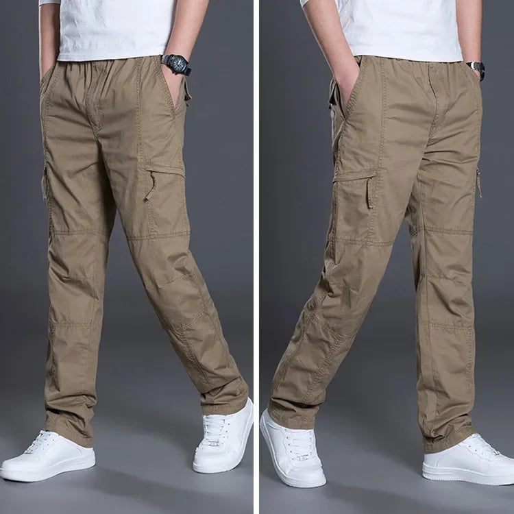 Big Size Men's Cargo Trousers Straight Leg Work Pant Men Loose Fit Cotton Summer Wide Overalls Male Side Multi Pocket Large Size