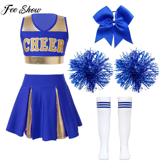 6-16Y Girls Cheerleading Uniform Crop Top with Skirt Hair Tie Flowers Tube Socks for Jazz Dance Sports Meeting Stage Performance