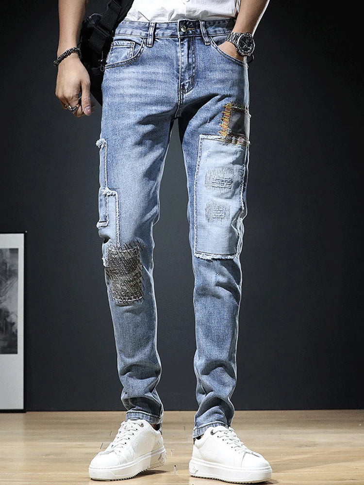 2023 Fashion Mens Jeans Autumn Patch Light Blue Trend Loose Pants Elastic Streetwear Boyfriend Biker Man Straight Denim Trousers