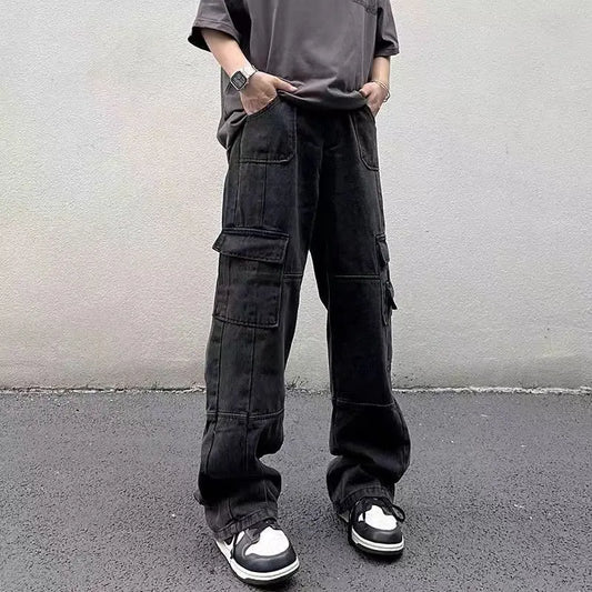 Men's Cargo Pants High Street Multi-pocket Black Gray Work Pants for Men Loose Trousers High Waist Vintage Straight-leg Jeans