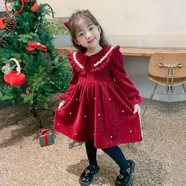 Autumn and Winter Thickening Flip Collar Dress 3-8 Year Old Girl Velvet Pearl Dress New Fashionable Red New Year Clothing