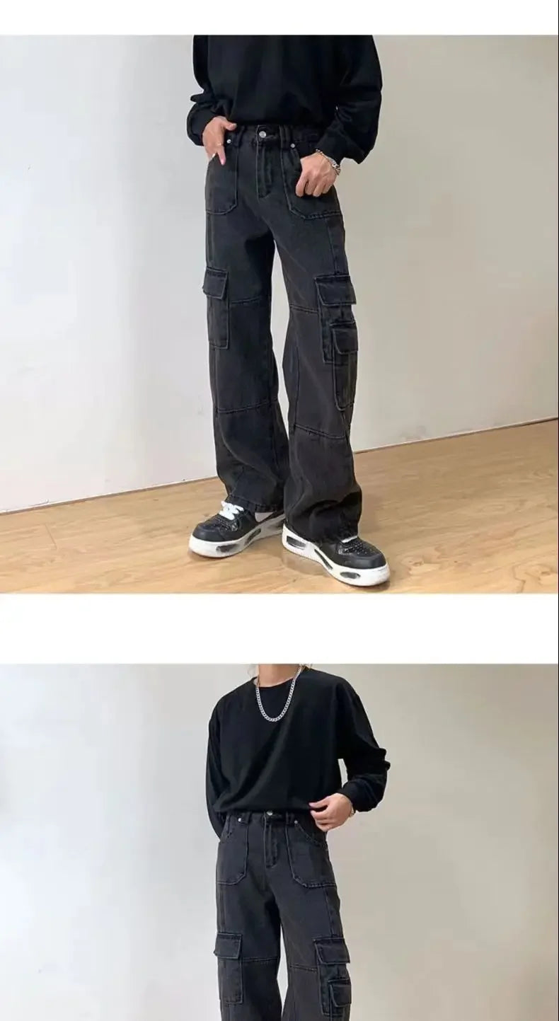 Men's Cargo Pants High Street Multi-pocket Black Gray Work Pants for Men Loose Trousers High Waist Vintage Straight-leg Jeans