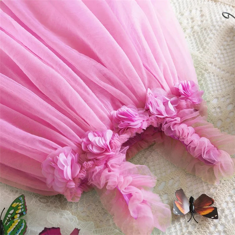 Little Girls Summer Dress for Kids Princess Birthday Party Gown 3D Flower Sling Tutu Wedding Baby Dresses Vintage Floral Clothes