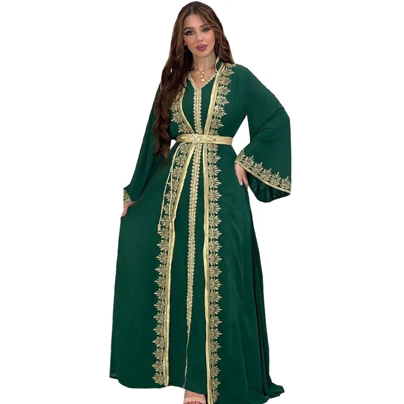 Eid Muslim Women Party Dresses Jalabiya 2 Piece Set Embroidery Arab Long Robe Ramadan Morocco Dubai Abayas Islam Vestidos Kaftan