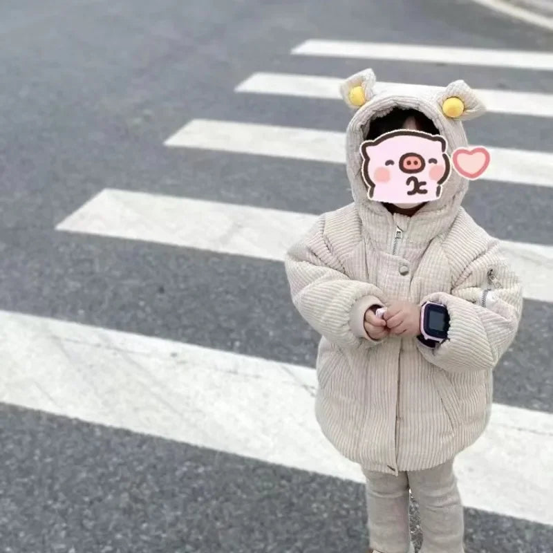 Children's Cartoon Hooded Thickened Cotton Kids Autumn Winter Padded Cotton Warm Jackets Child Corduroy Outwear