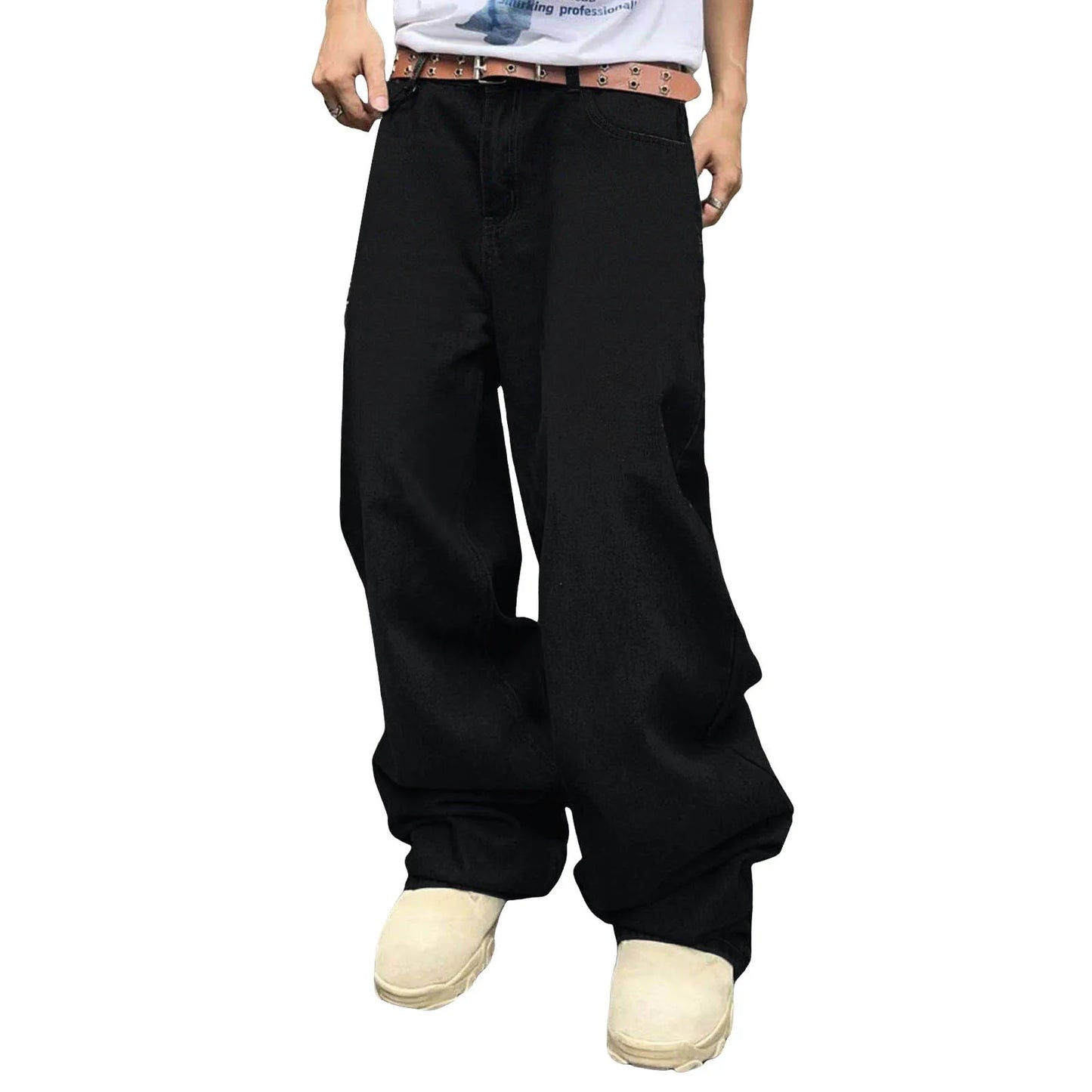 Men Baggy Denim Pants Wide Leg High Waist Belt Casual Trousers Loose Plus Size Stylish Streetwear Men's Hip Hop Streetwear