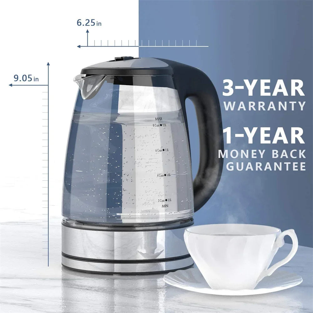 DEVISIB 2L Larger Capacity Electric Kettle 2200W LED Indicator Removable Filter Glass Body Ideal for Coffee Tea Hot Water Boiler