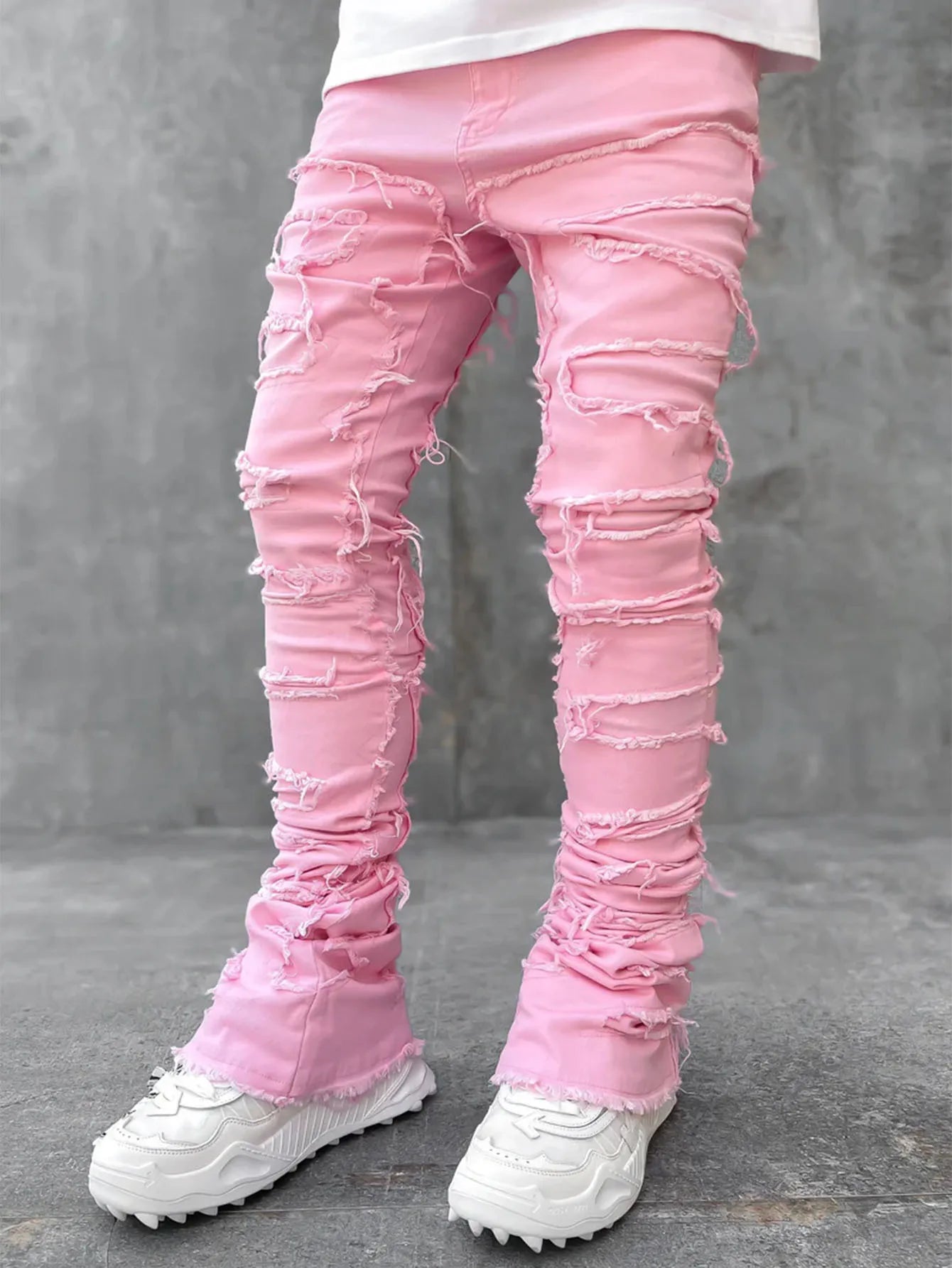 Printing Stretched Men's Stacked Jeans Patchwork Tassel Damaged Trousers For Male High Street Hip-pop Full Length Denim Pants