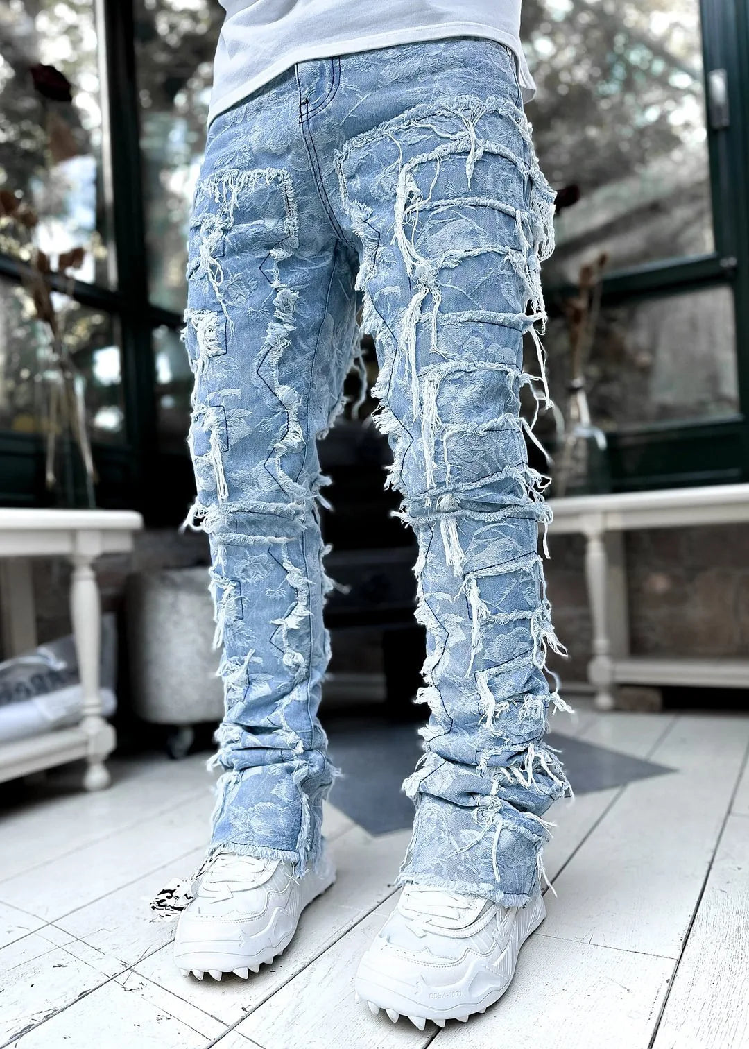 Printing Stretched Men's Stacked Jeans Patchwork Tassel Damaged Trousers For Male High Street Hip-pop Full Length Denim Pants