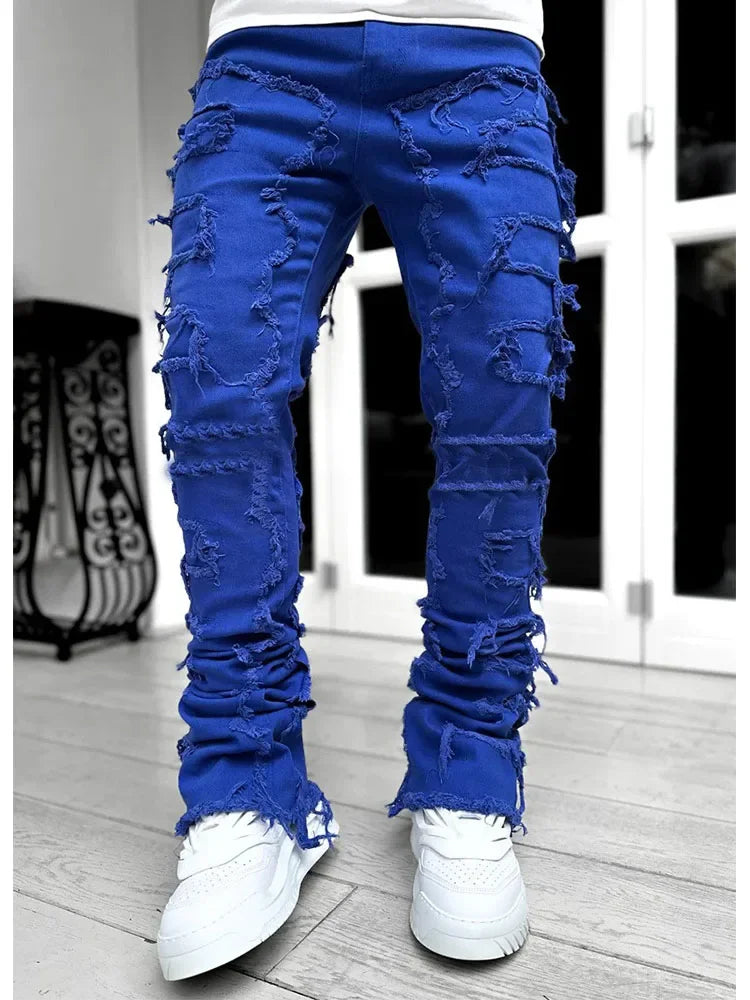 2024 Men's New Creative Tassels Decoration Straight Fit Jeans Casual Medium Stretch Street Style Denim Pants For All Seasons