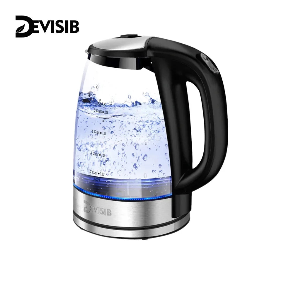 DEVISIB 2L Larger Capacity Electric Kettle 2200W LED Indicator Removable Filter Glass Body Ideal for Coffee Tea Hot Water Boiler