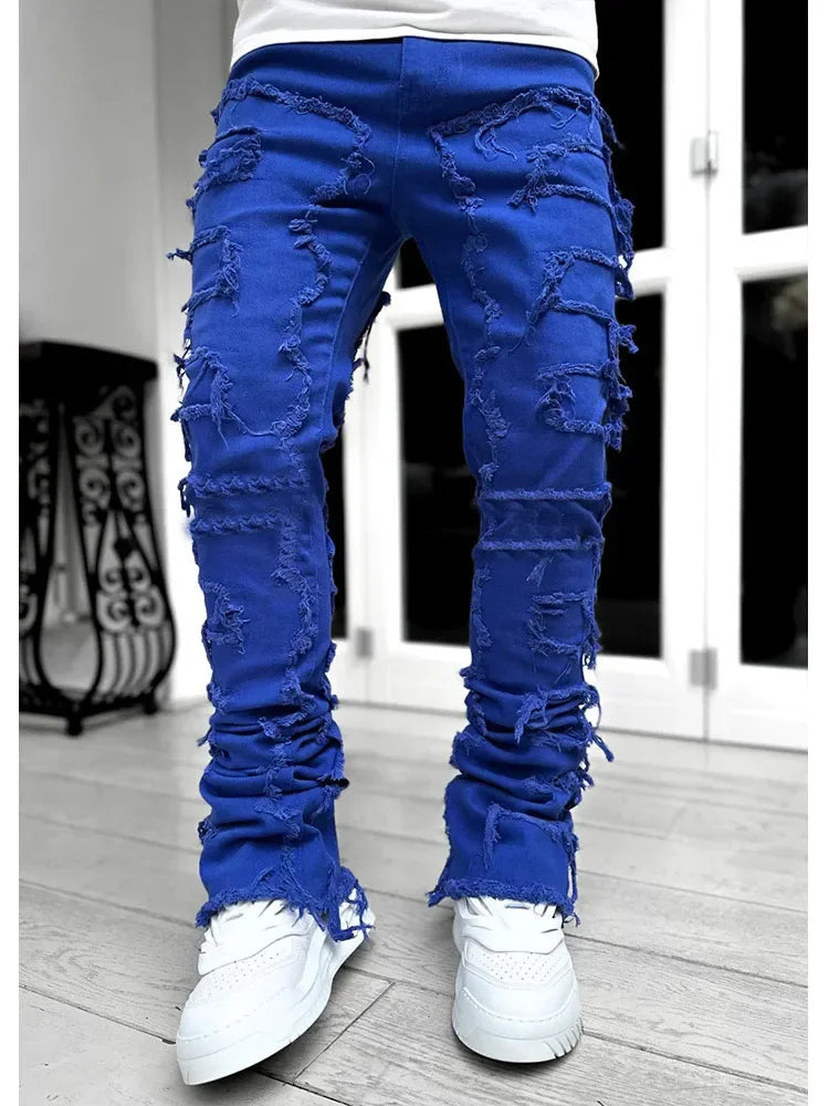 2024 Men's New Creative Tassels Decoration Straight Fit Jeans Casual Medium Stretch Street Style Denim Pants For All Seasons