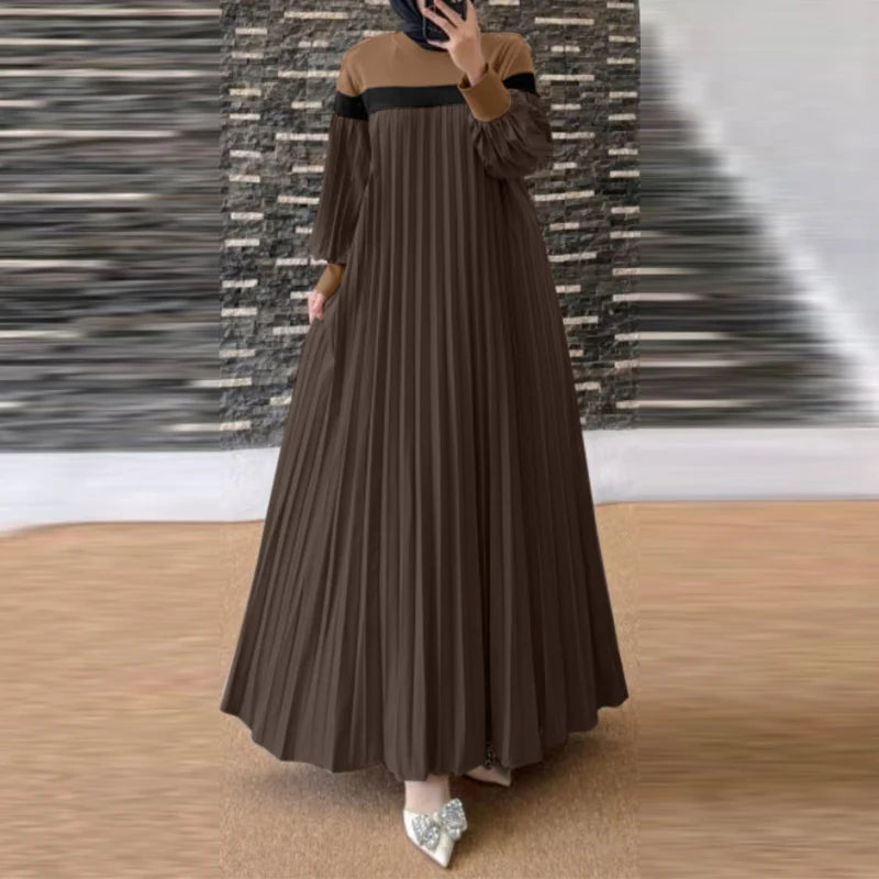 ZANZEA Autumn Long Lantern Sleeve Sundress Women Muslim Dress Turkey Abaya Islamic Dubai Robe Elegant Patchwork Pleated Vestidos