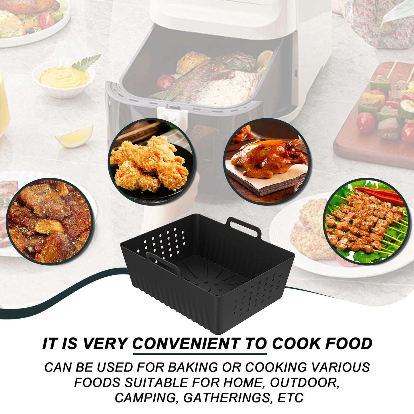 4/2pc Air Fryer Baking Tray Liner Silicone Pot Oven Bake Basket Fried Chicken Pan Pizza Mat Baking Sheet Fruit Veggi Wash Basket