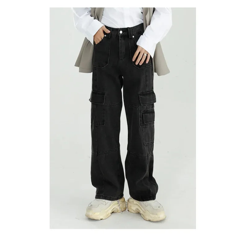 Men's Cargo Pants High Street Multi-pocket Black Gray Work Pants for Men Loose Trousers High Waist Vintage Straight-leg Jeans