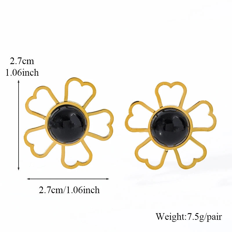 EILIECK 316L Stainless Steel Large Black Stone Flower Necklace Earrings Set For Women New Party Gift Waterproof Jewelry Set