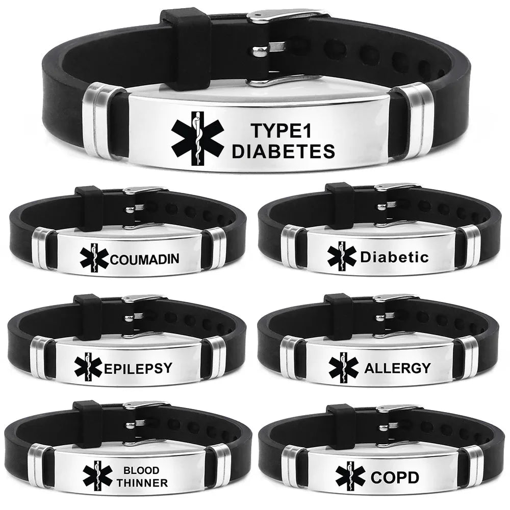 Stainless Steel Engravable Medical Alert Bracelets Diabetes Epilepsy Alzheimer's Allergy Women Men Silicone Bracelet Jewelry