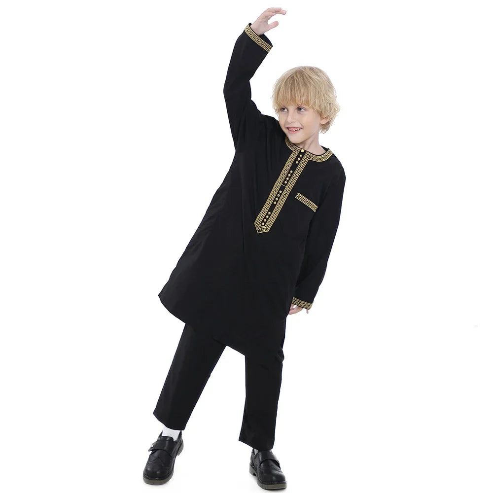 Muslim Children Robe 2 Piece Set Kids Boy Round Neck Long Sleeve Printed Dress Shirt Abaya Kaftan Jubba Thobe Islamic Clothing