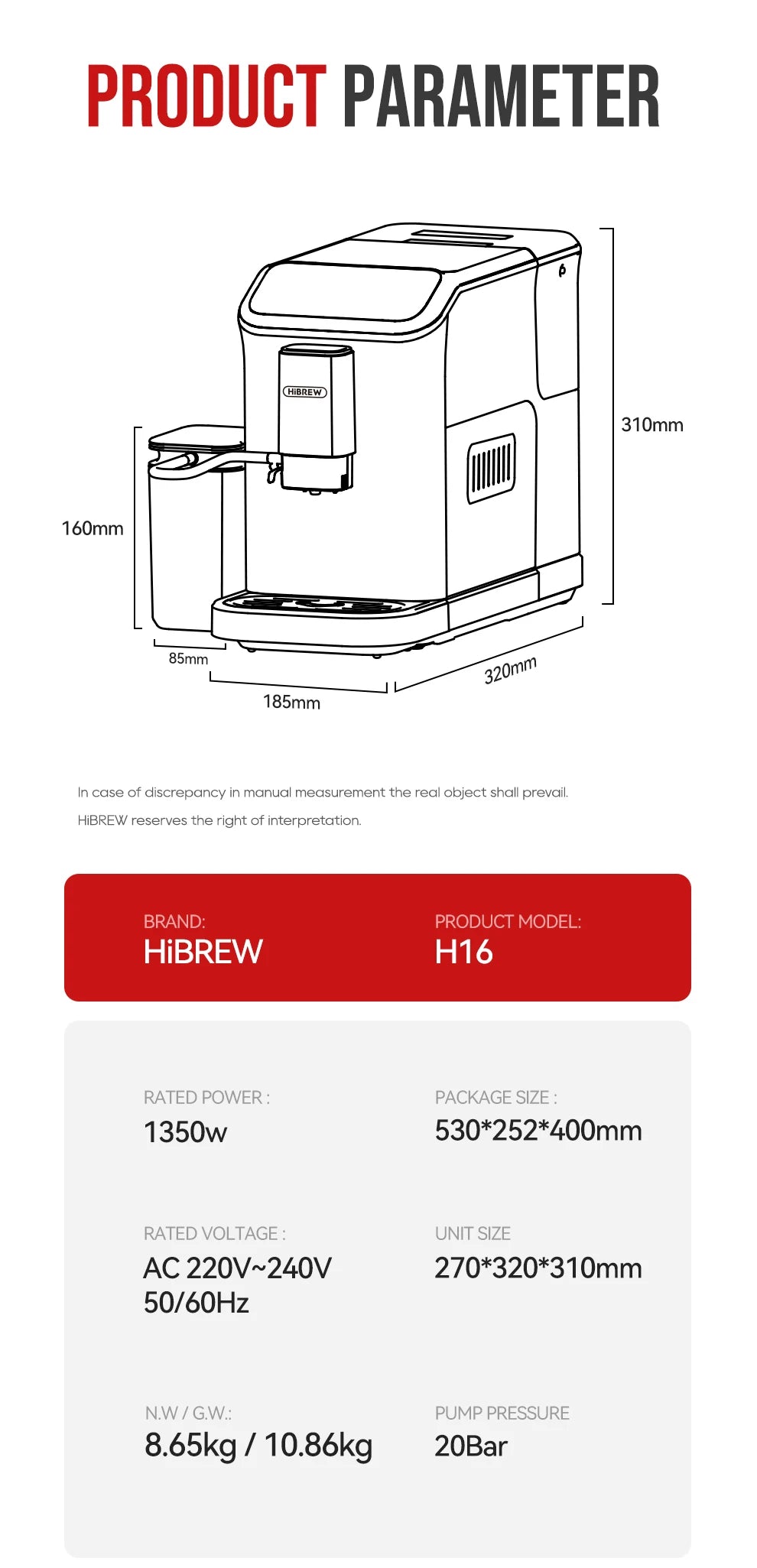 HiBREW Fully Automatic Espresso Machine Cappuccino Milk System 6 Coffee Varieties Intuitive Touch Display With Grinder H16