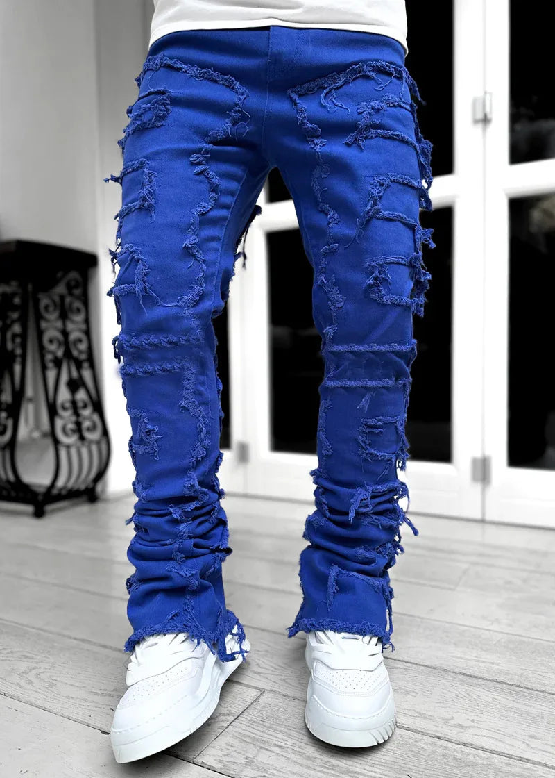 Printing Stretched Men's Stacked Jeans Patchwork Tassel Damaged Trousers For Male High Street Hip-pop Full Length Denim Pants