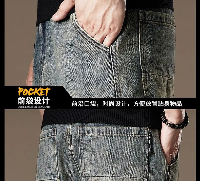 American Vintage High Street Spring Summer Jeans Men's Solid Patchwork Button Pocket Fashion Casual Loose Cowboy Straight Pants