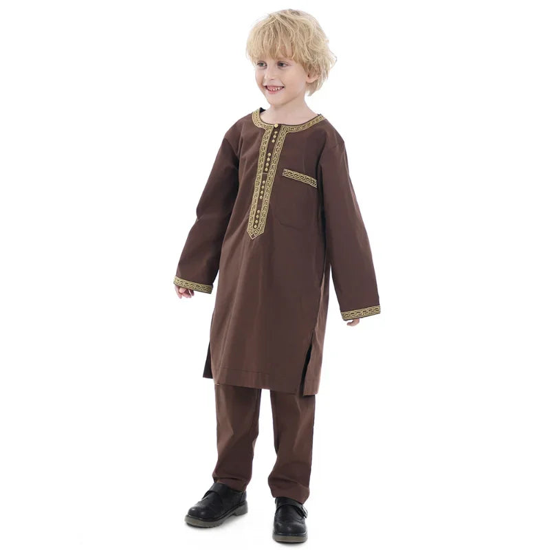 Muslim Children Robe 2 Piece Set Kids Boy Round Neck Long Sleeve Printed Dress Shirt Abaya Kaftan Jubba Thobe Islamic Clothing