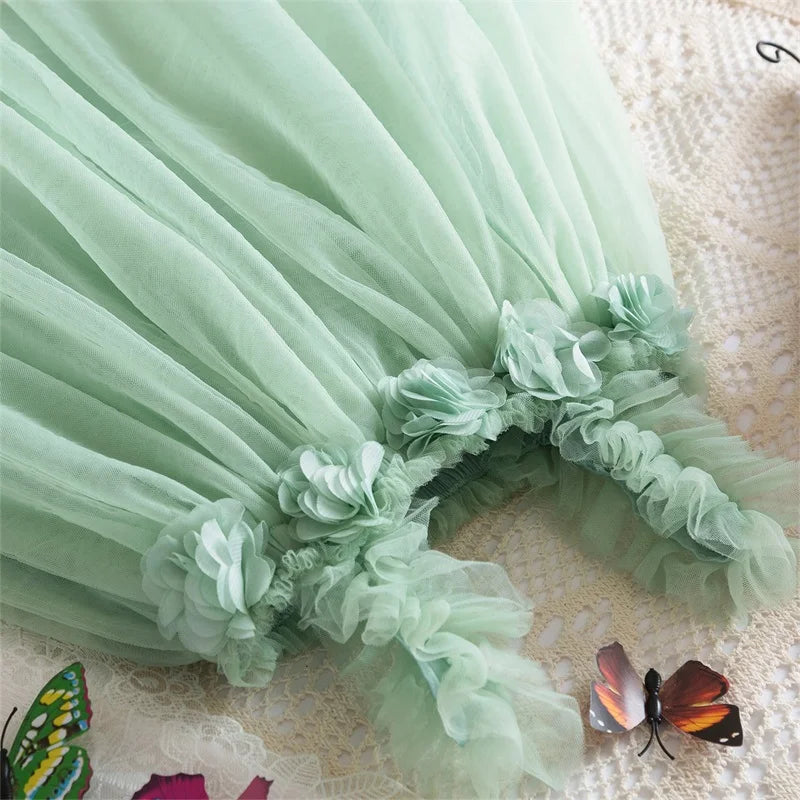 Little Girls Summer Dress for Kids Princess Birthday Party Gown 3D Flower Sling Tutu Wedding Baby Dresses Vintage Floral Clothes