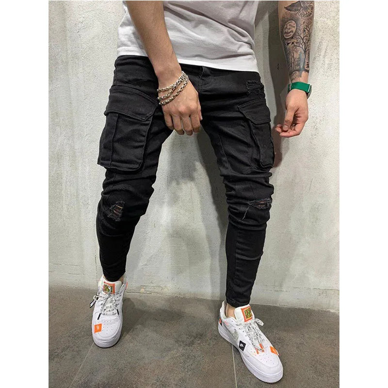 Stretch Jeans for Men Black Big Side Pockets Cargo Male Jeans Fashion Zipper Small Foot Denim Pants Elastic Jogging Trousers