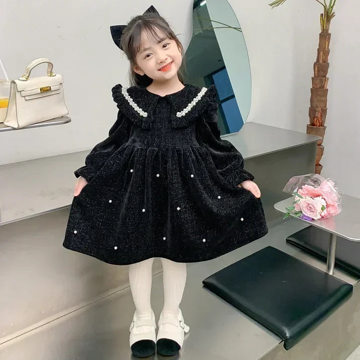 Autumn and Winter Thickening Flip Collar Dress 3-8 Year Old Girl Velvet Pearl Dress New Fashionable Red New Year Clothing