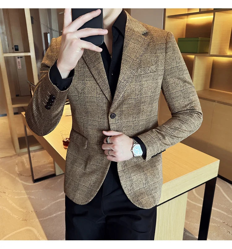 Men's British Style Fashionable Luxury Suit Jacket High-quality Plaid Slim Fit Business Social Blazer Wedding Dress Party Jacket