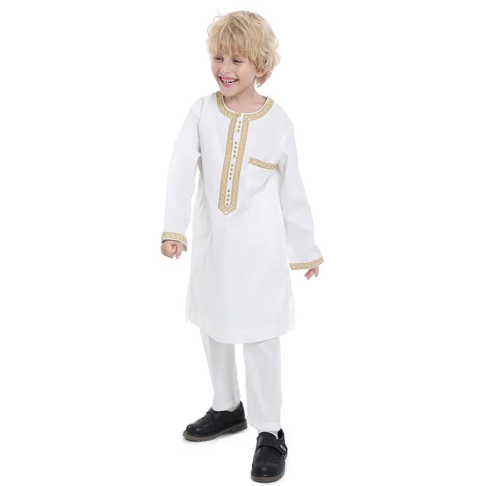 Muslim Children Robe 2 Piece Set Kids Boy Round Neck Long Sleeve Printed Dress Shirt Abaya Kaftan Jubba Thobe Islamic Clothing