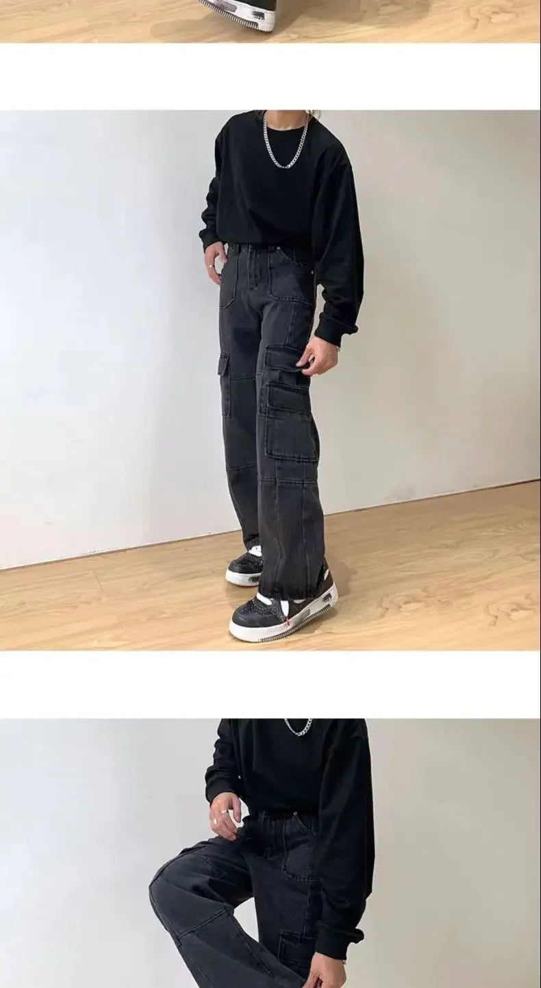 Men's Cargo Pants High Street Multi-pocket Black Gray Work Pants for Men Loose Trousers High Waist Vintage Straight-leg Jeans