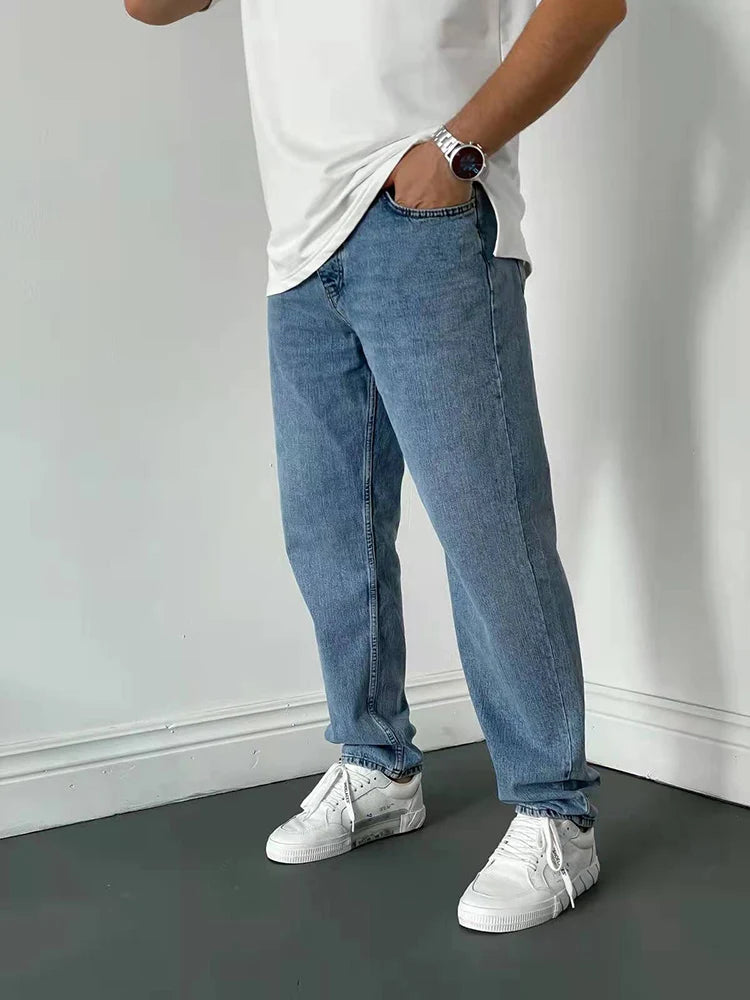 New Brand Men's Jeans Korean Version Student Casual Pants High Street Straight Loose Wide Leg Jeans Black Grey Blue Baggy Jeans