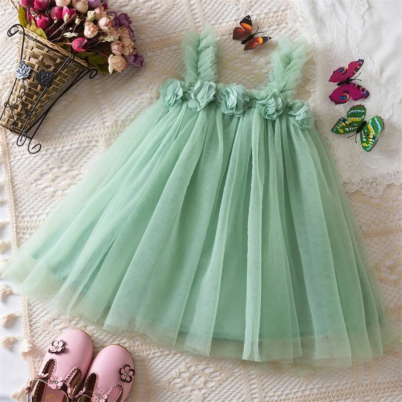 Little Girls Summer Dress for Kids Princess Birthday Party Gown 3D Flower Sling Tutu Wedding Baby Dresses Vintage Floral Clothes