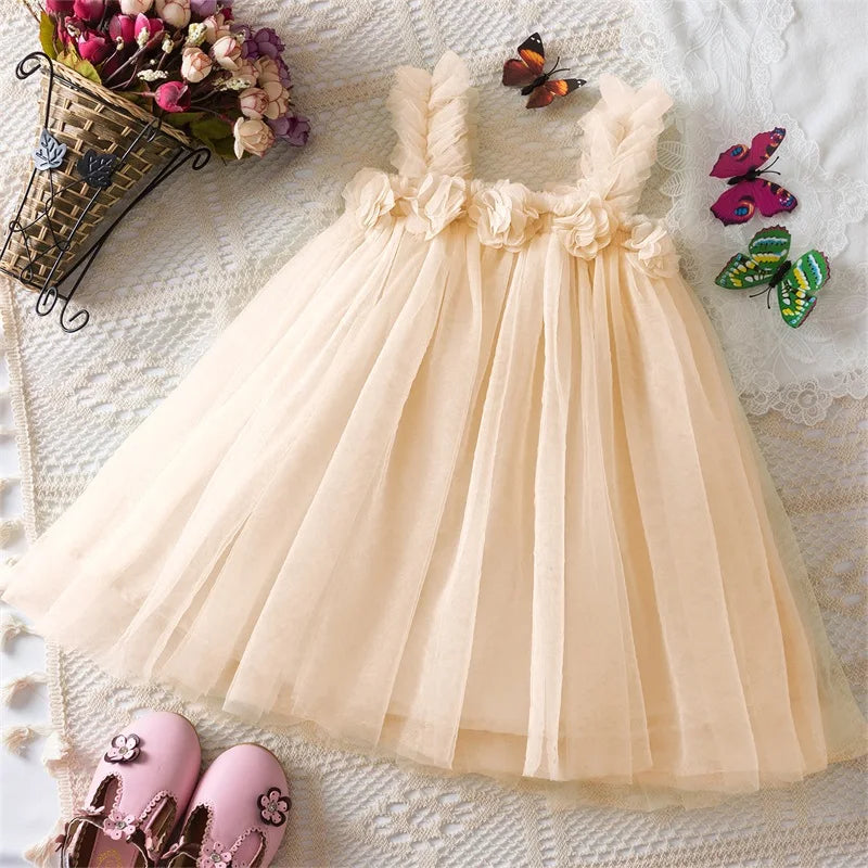 Little Girls Summer Dress for Kids Princess Birthday Party Gown 3D Flower Sling Tutu Wedding Baby Dresses Vintage Floral Clothes