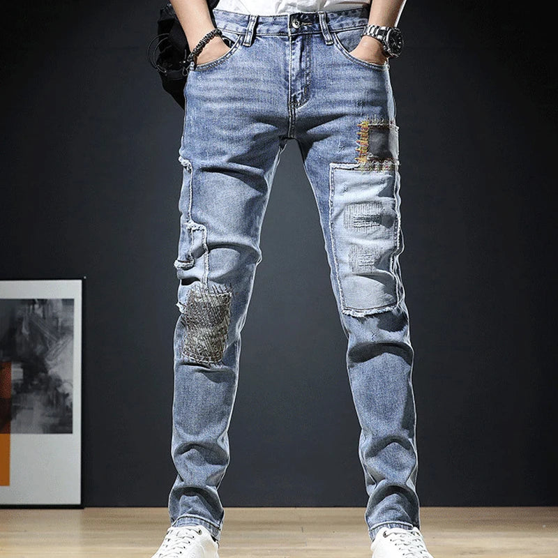 2023 Fashion Mens Jeans Autumn Patch Light Blue Trend Loose Pants Elastic Streetwear Boyfriend Biker Man Straight Denim Trousers